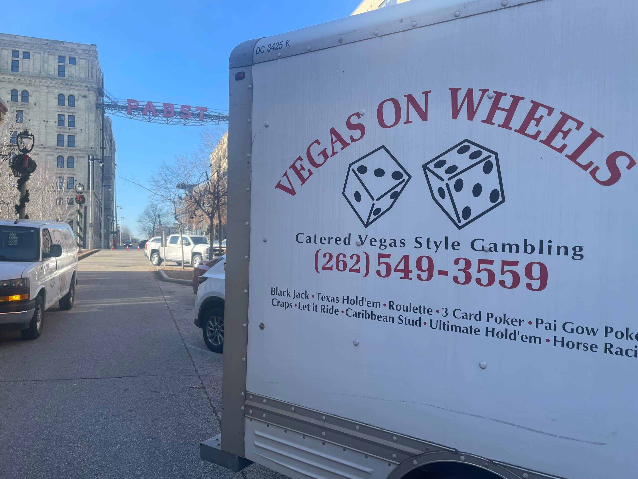 Vegas on Wheels Truck Traveling Casino Party Vegas on Wheels delivery truck at a traveling casino party in Milwaukee at the Pabst Brewery