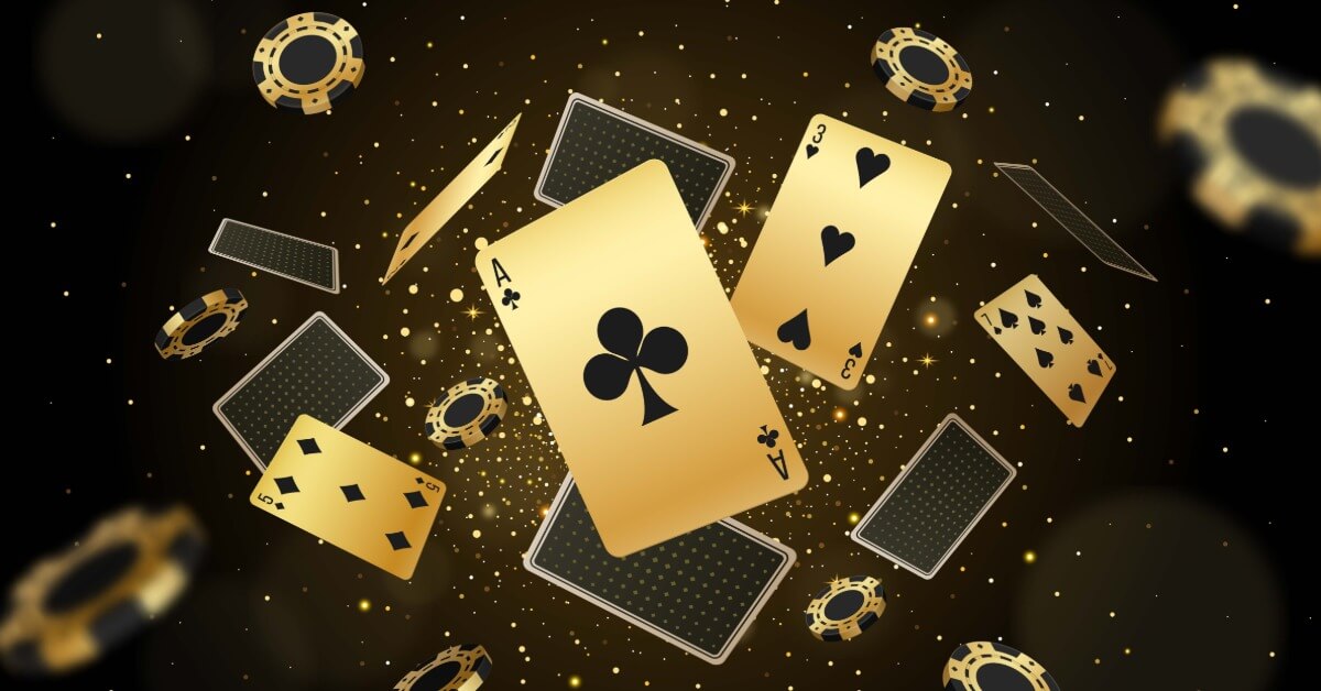 An illustration of playing cards and poker chips exploding out from the center. The playing cards are gold colored.